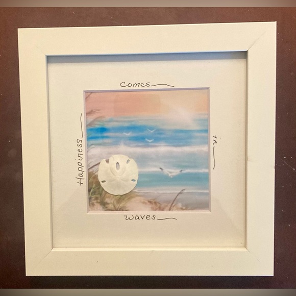 Framed Beach Sand Dollar Art “Happiness comes in waves” 7”x7” - Picture 1 of 5